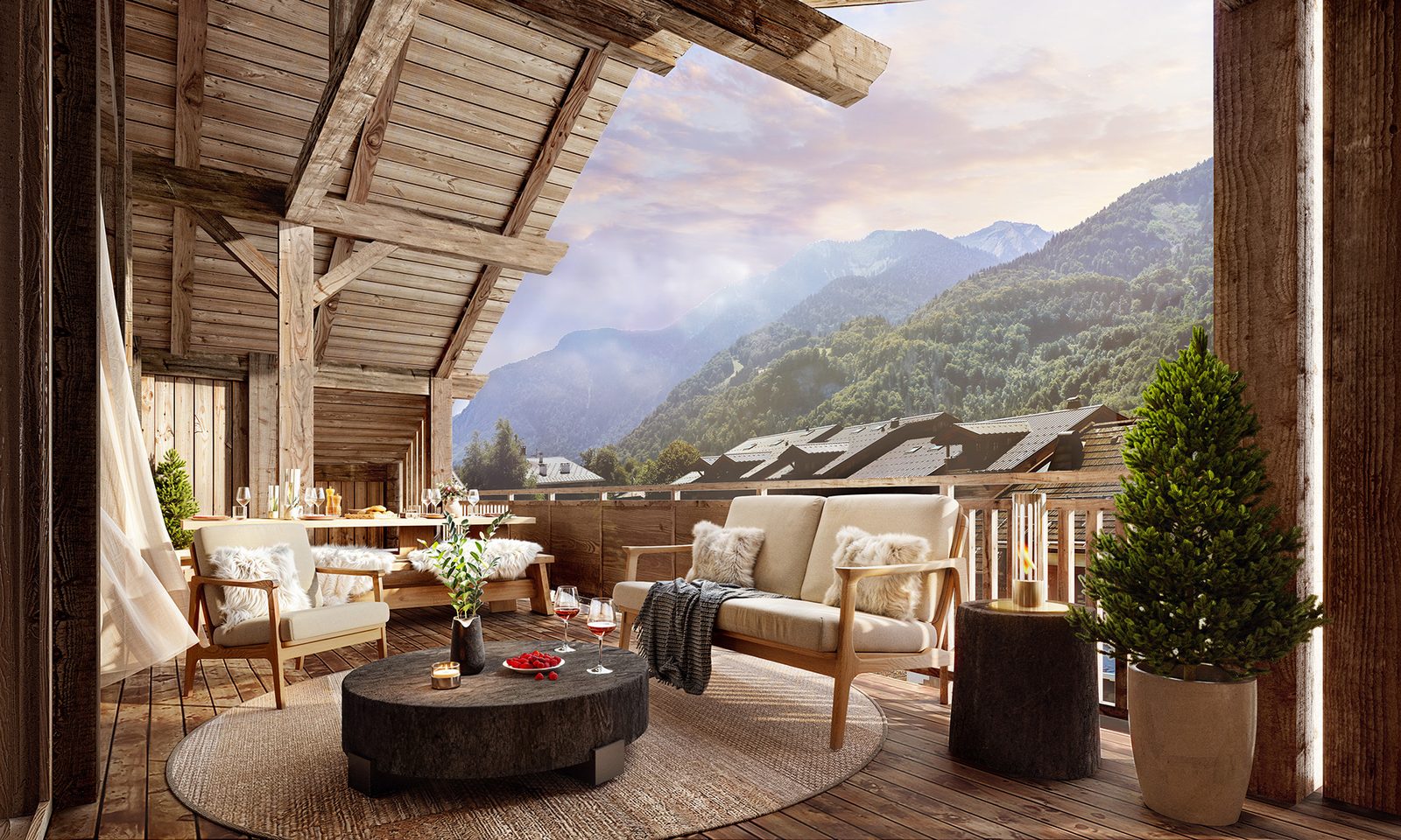 Terrasse d'un appartement Alpésia avec vue sur la montagne